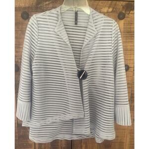 Striped Lightweight Open Cardigan with Button Closure - Gray/White